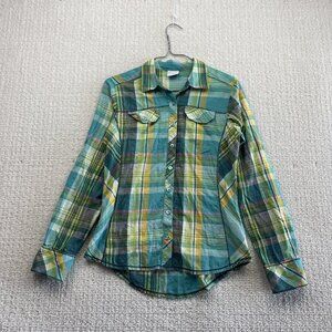 Columbia Blue /Green Plaid Button Down Shirt Wom Size S Long Sleeve Boho Hike